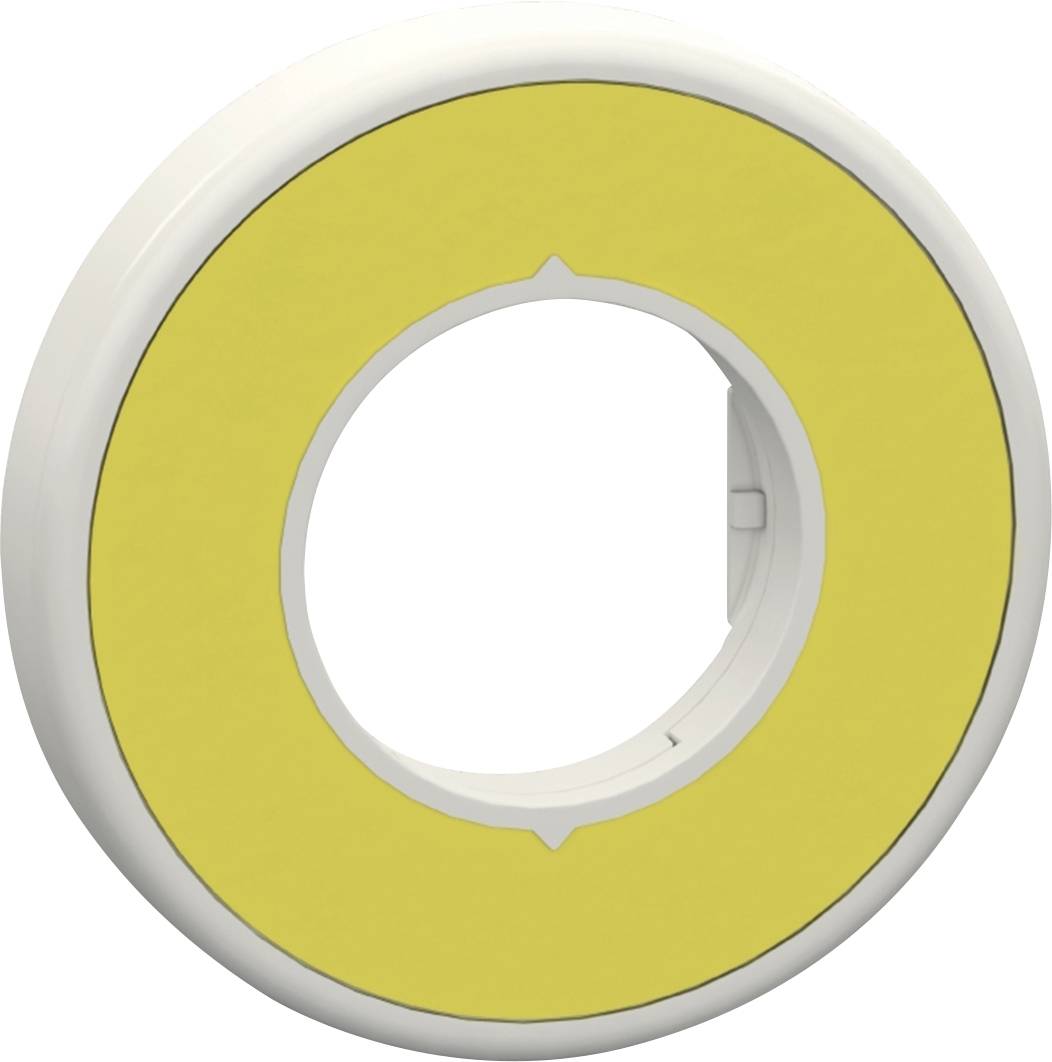 Gelb-weißer runder Adapterring mit einer Öffnung in der Mitte; verwendet für die Installation von Geräten oder Modulen.
