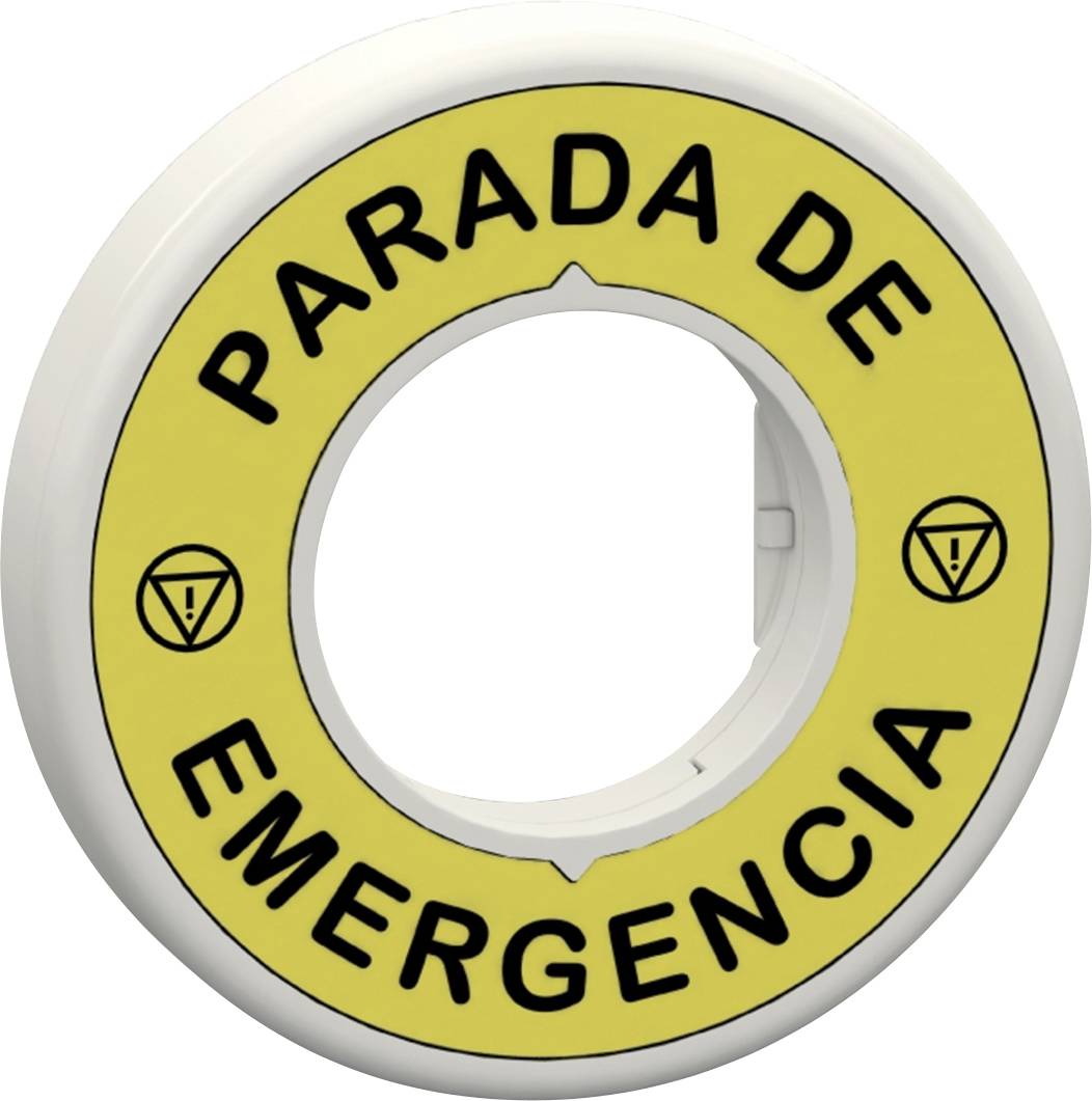 'Parada de Emergencia' steht auf einem kreisförmigen gelben Schild, das einen Not-Stopp-Knopf markiert.