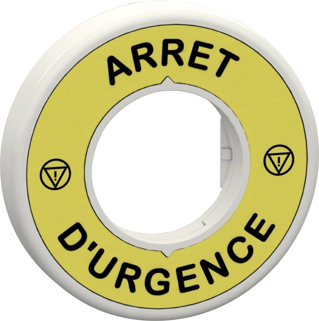 Gelber Not-Aus-Schalter mit schwarzen Symbolen und der Aufschrift 'ARRET D'URGENCE'.