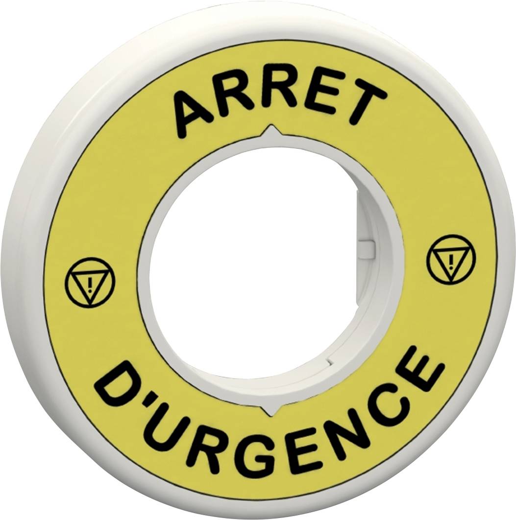 Runder gelber Not-Aus-Schalter mit der Aufschrift 'ARRET D'URGENCE' und Sicherheitswarnsymbolen.