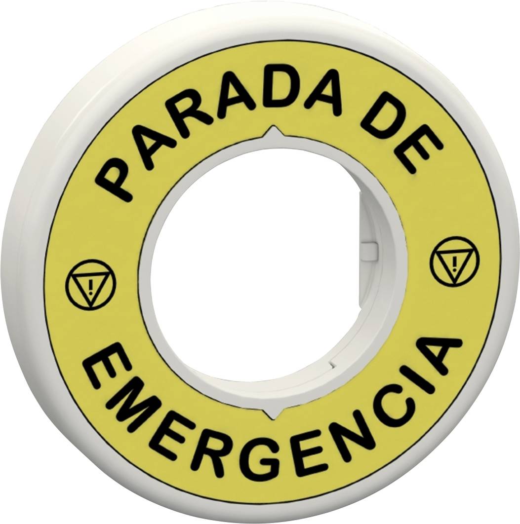 Gelber Notaus-Knopf mit der Aufschrift 'Parada de Emergencia' und zwei Warnsymbolen.