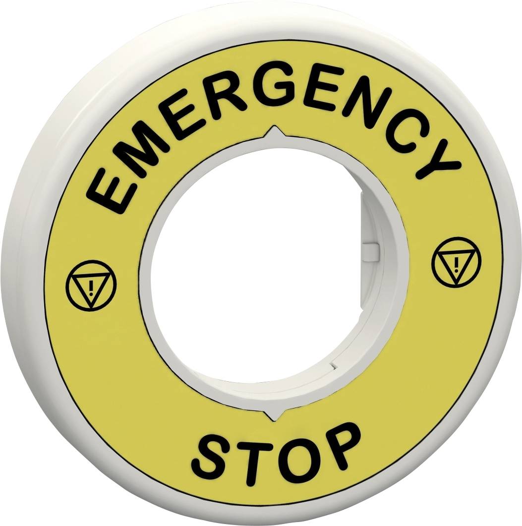 Ein gelber Not-Aus-Schalter mit der Aufschrift 'EMERGENCY STOP'; dient zur schnellen Abschaltung in Notfallsituationen.