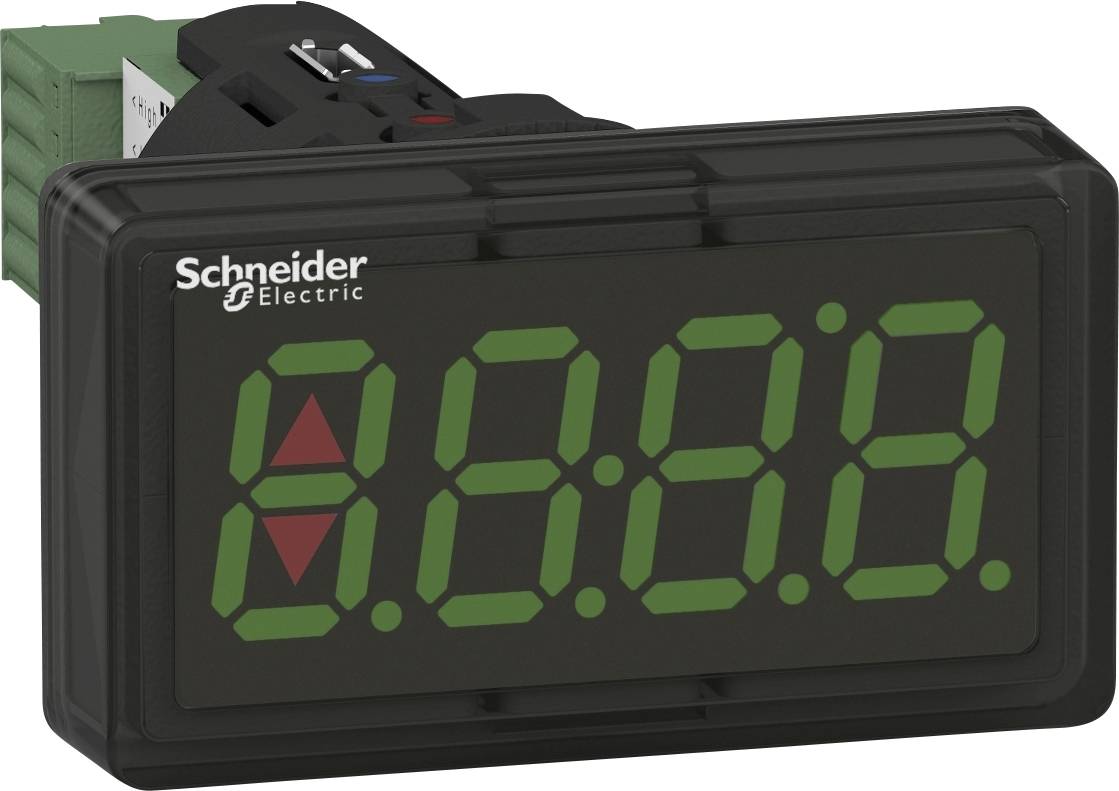 Elektronisches Anzeigegerät von Schneider Electric mit grünen LED-Ziffern und roten Pfeiltasten auf der Vorderseite.