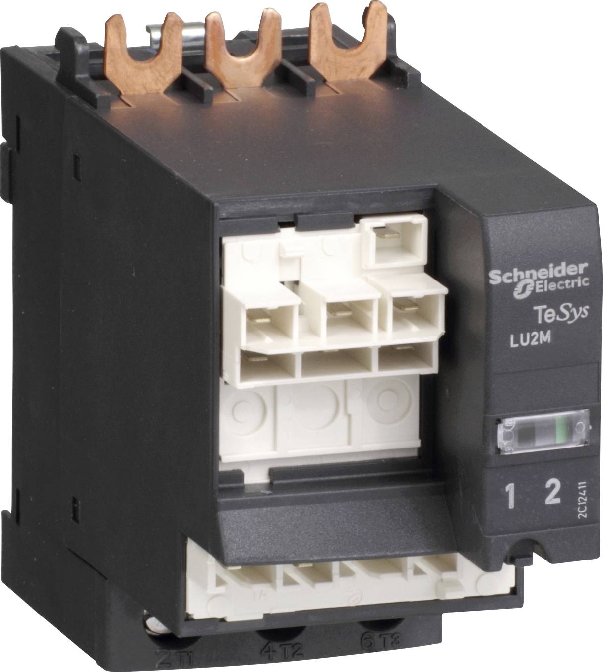 Ein schwarzer Schütz mit Kupferanschlüssen von Schneider Electric, Modellnummer LU2M, wird gezeigt. Er ist geöffnet und zeigt innenliegende Kontakte.