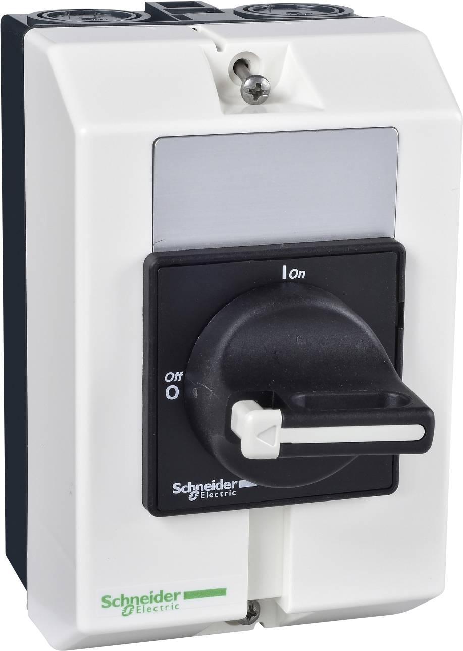 Ein weißer Schalter von Schneider Electric mit schwarzem Hebel, der zwischen den Positionen 'On' und 'Off' geschaltet werden kann.