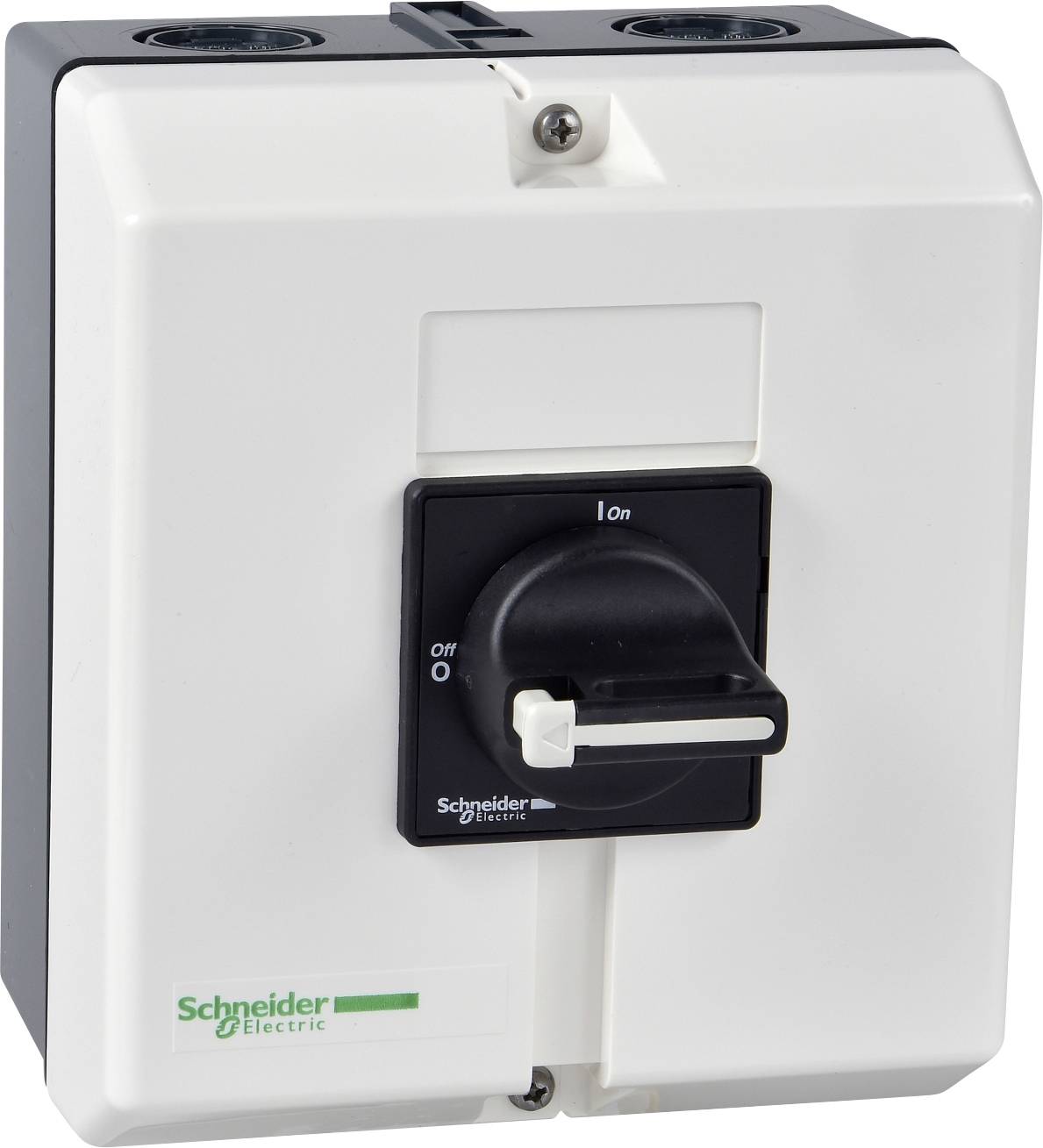 Ein elektrischer Hauptschalter mit einer 'On' und 'Off' Position. Der Schalter ist von Schneider Electric.