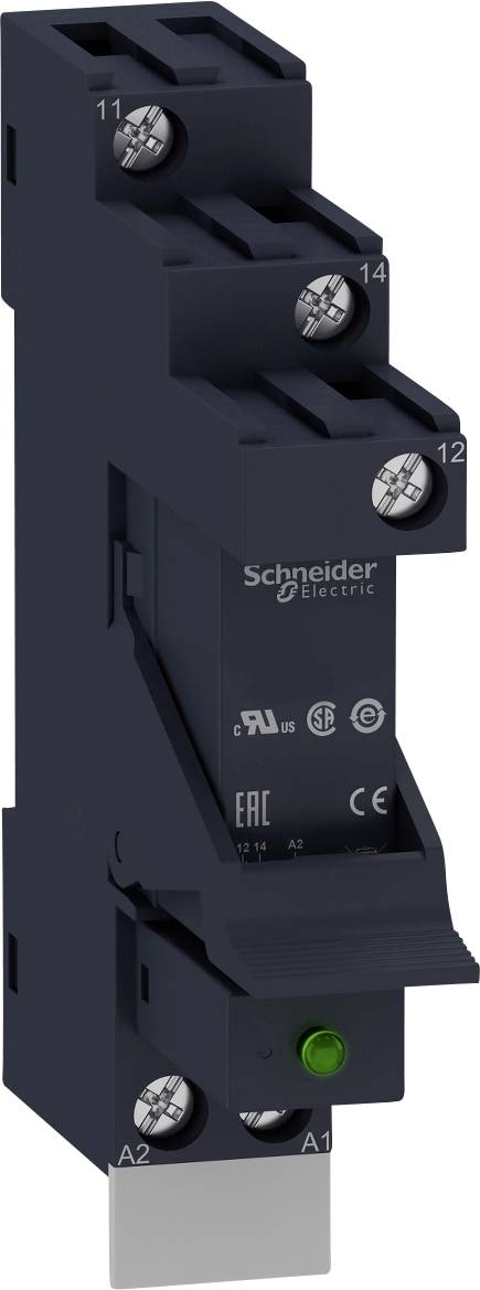 Ein schwarzes elektronisches Bauteil von Schneider Electric mit grüner Anzeigeleuchte, fünf Anschlüssen und Beschriftungen.