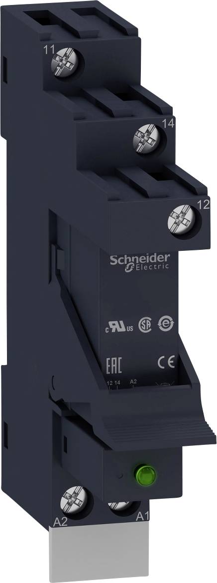 'Schneider Electric' elektrisches Bauteil, wahrscheinlich ein Relais oder Schalter, mit Anschlüssen oben und unten, zeigt grüne Statusleuchte.