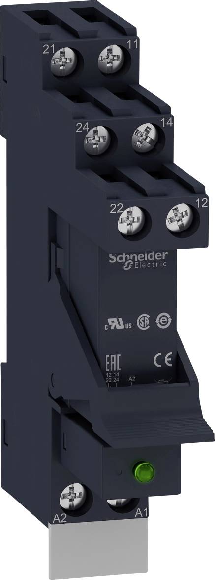 Ein schwarzer elektrischer Schalter von Schneider Electric mit grüner Statusanzeige, zeigt Anschlüsse oben und unten, geeignet für Steuerungen.
