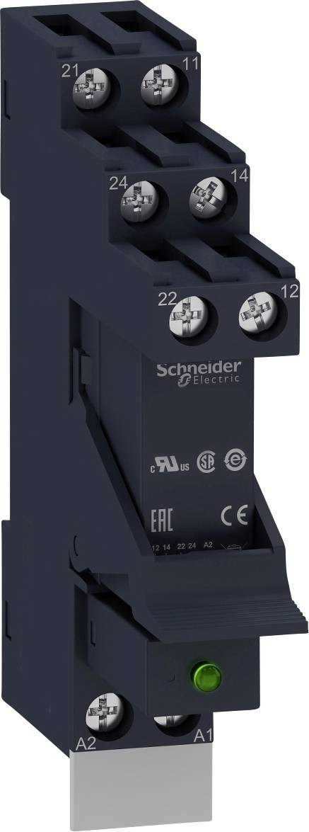 Schwarzer elektrischer Schütz von Schneider Electric mit grünem Indikator. Modellnummer und Zertifizierungssymbole sichtbar.