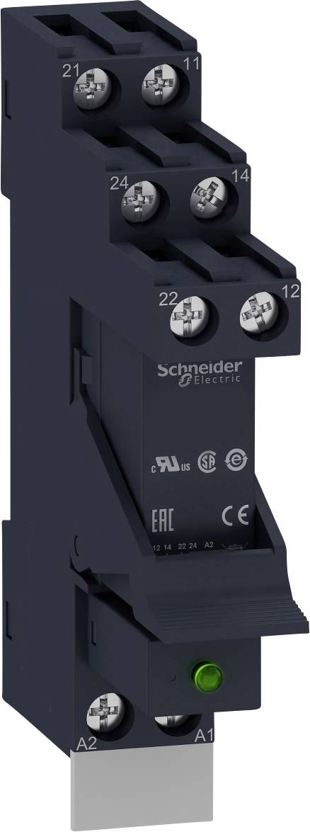 Elektrisches Relais von Schneider Electric mit grüner LED-Anzeige unten. Mehrere Schraubanschlüsse oben und an den Seiten.