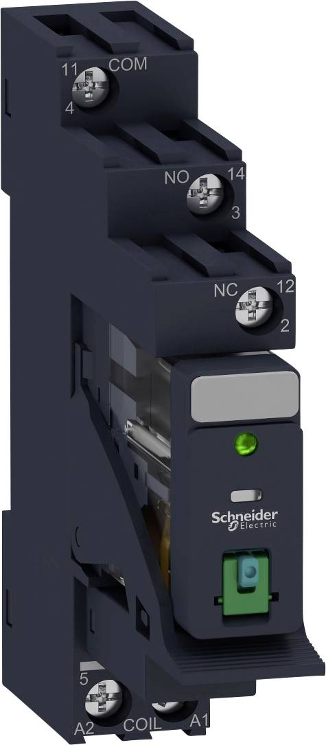 Ein elektrisches Relais von Schneider Electric, schwarz, mit grünem Aktivierungslicht. Beschriftet mit Anschlussnummern und -buchstaben.