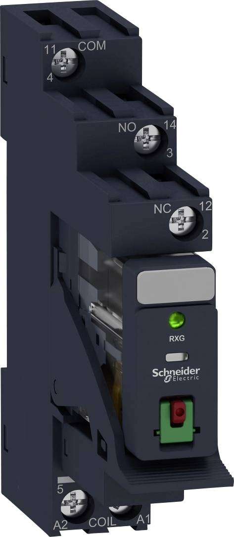 Industrielles Relais von Schneider Electric mit einem grünen RXG- und einem roten Schalter, geeignet für elektrische Schalttafeln.