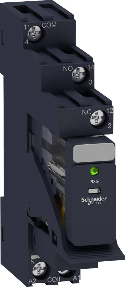 Ein elektrisches Relais von Schneider Electric mit grüner LED-Anzeige. Es hat mehrere Anschlüsse für Verkabelung und Steuerung.