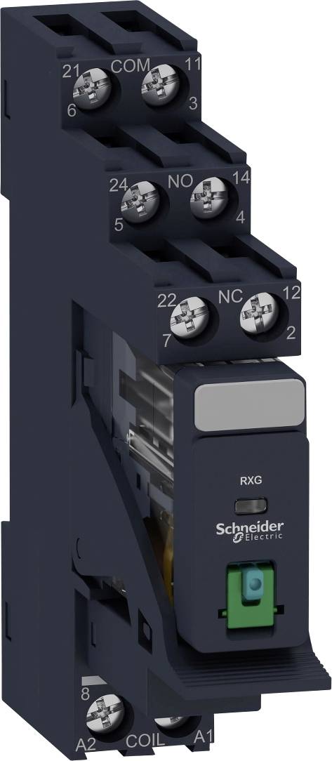 Ein Relaisbauteil von Schneider Electric, dunkelgrau mit verdecktem Aufbau, mehreren Anschlussklemmen oben und einer Beschriftung 'RXG'.