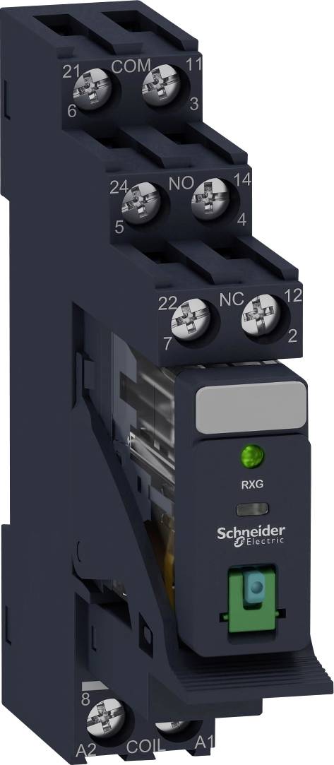 Ein schwarzes Relaismodul von Schneider Electric mit grüner LED-Anzeige, Beschriftungen für Anschlüsse.