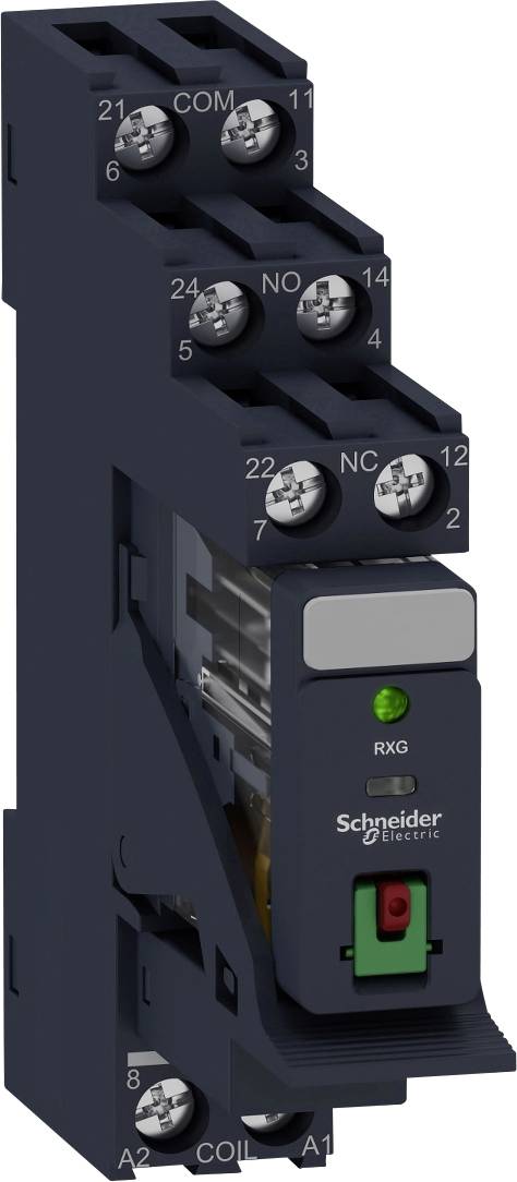 Ein elektronisches Relais von Schneider Electric mit gekennzeichneten Anschlussklemmen und einer grünen LED-Anzeige leuchtet.