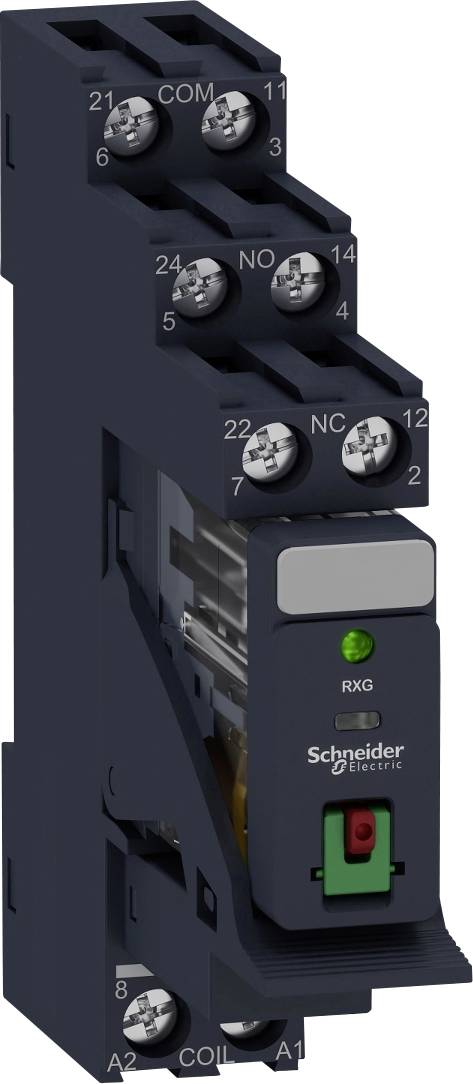 Ein elektrisches Relaismodul von Schneider Electric mit mehreren Steckverbindungen, einem grünen LED-Indikator und einem roten Schalter.
