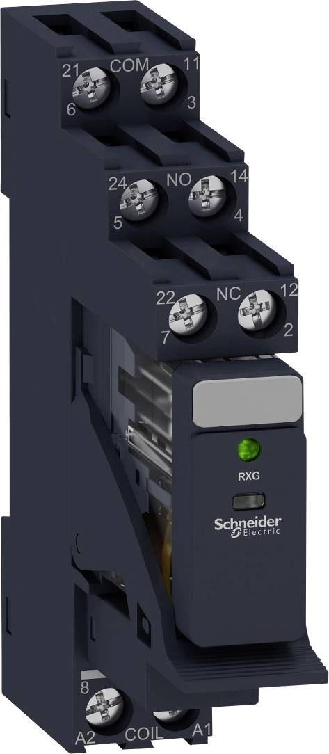 'Schneider Electric' Relais-Modul mit grünem Licht, bezeichnete Anschlüsse für elektrische Verdrahtung.