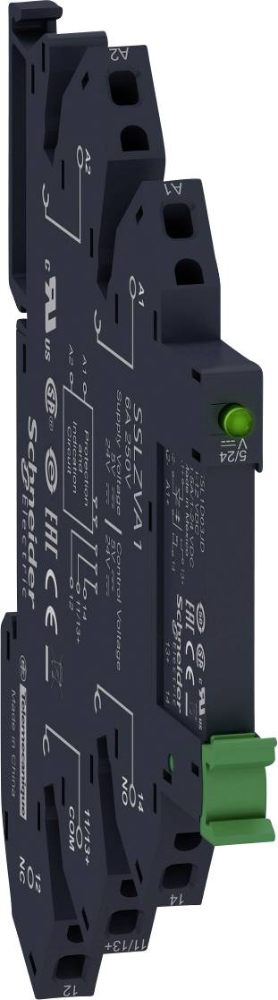 Ein schlankes, schwarzes elektrisches Relais von Schneider Electric mit grüner LED-Anzeige und mehreren Anschlüssen.