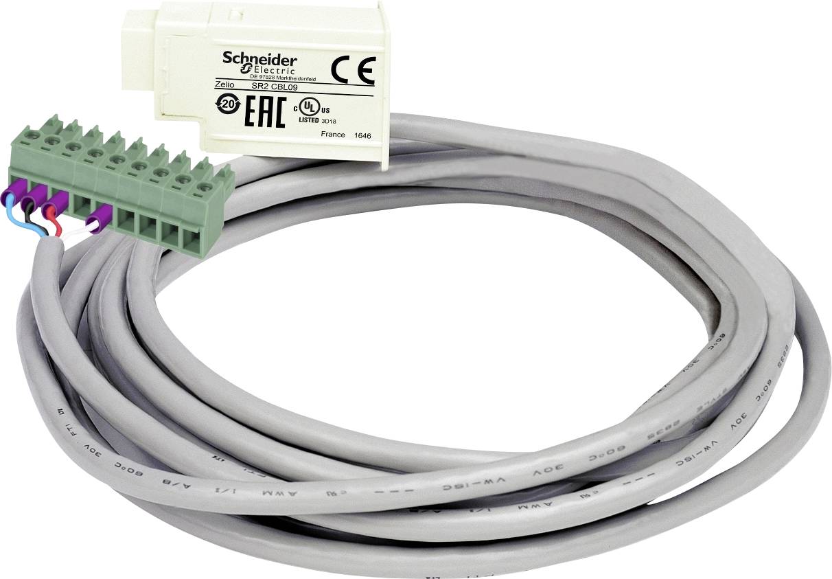 Elektrischer Schaltkasten von Schneider Electric mit grauem Kabel und mehradrigem Stecker. Geeignet für industrielle Anwendungen.