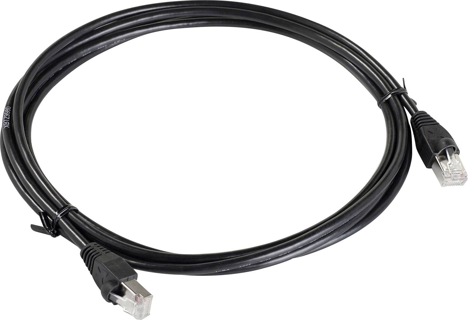 Schwarzes Ethernet-Kabel mit zwei RJ45-Steckern an beiden Enden, geeignet für Netzwerkverbindungen.
