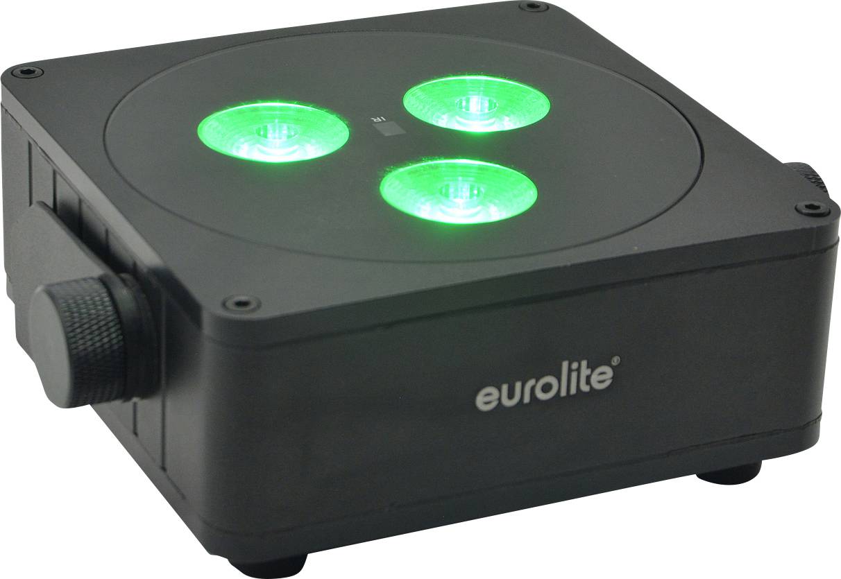 Schwarzer LED-Strahler mit drei leuchtenden grünen Lichtern. Auf dem Gehäuse steht 'eurolite'.