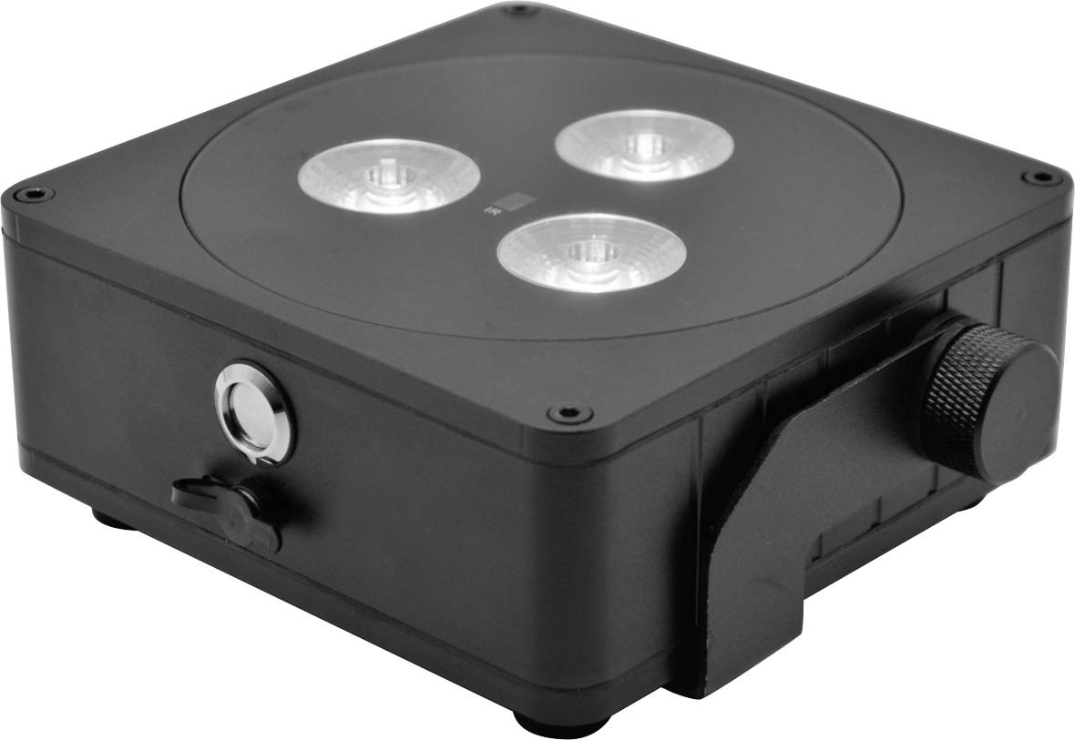 Ein schwarzer, quadratischer LED-Scheinwerfer mit drei runden Leuchten und einem Drehknopf an der Seite.