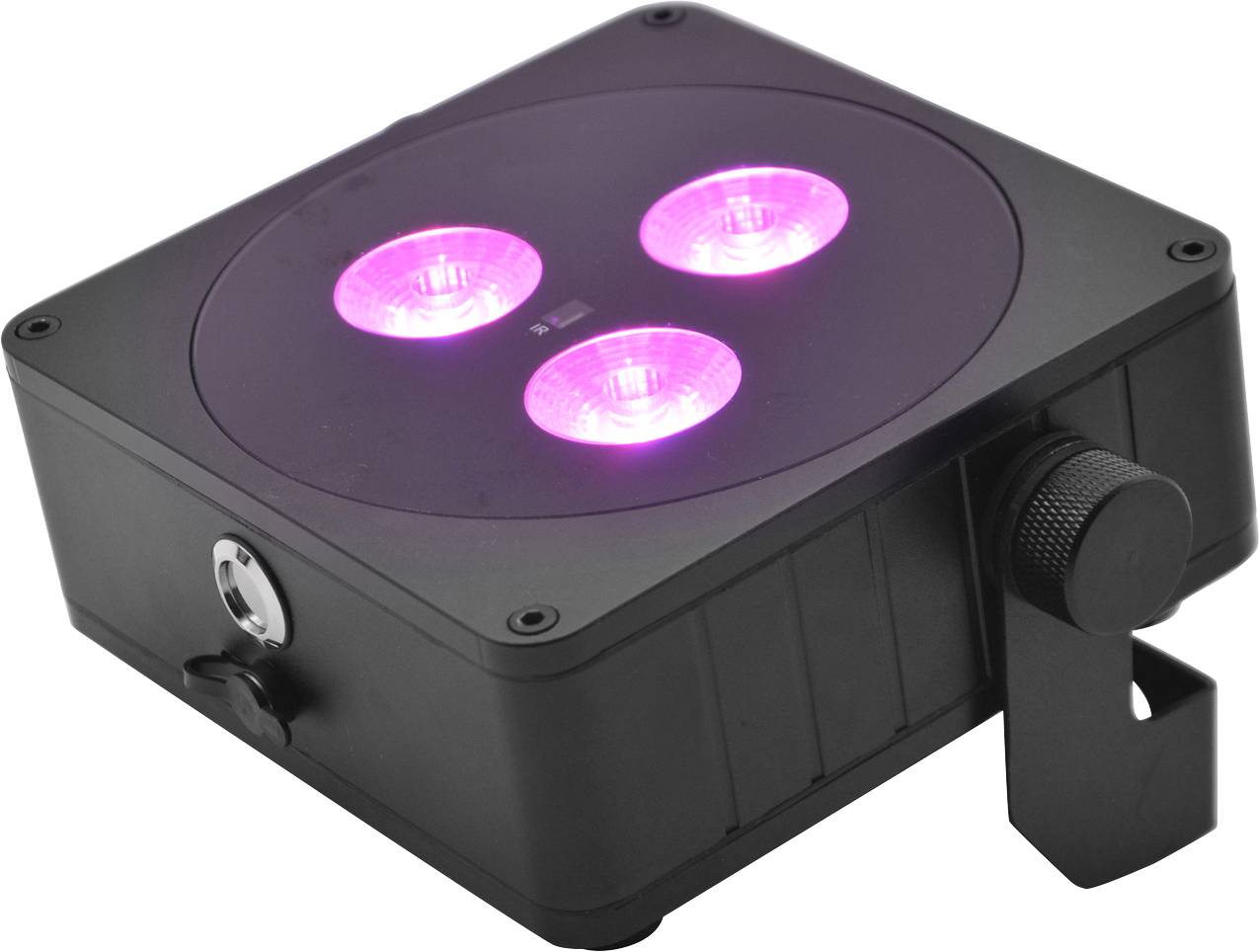 Ein schwarzer Scheinwerfer mit drei leuchtenden, rosa LED-Lichtern.