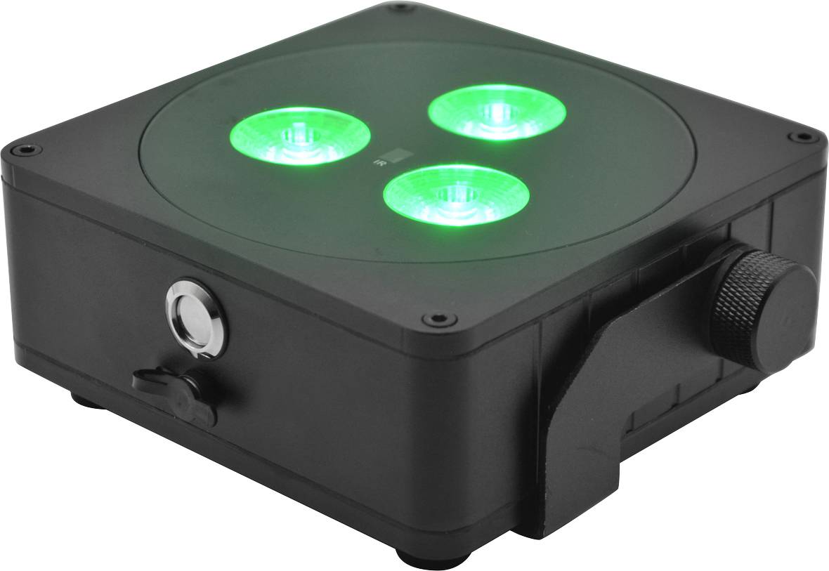 Ein schwarzes, quadratisches Gerät mit drei leuchtenden grünen LEDs auf der Oberseite, vermutlich eine tragbare Beleuchtungseinheit.