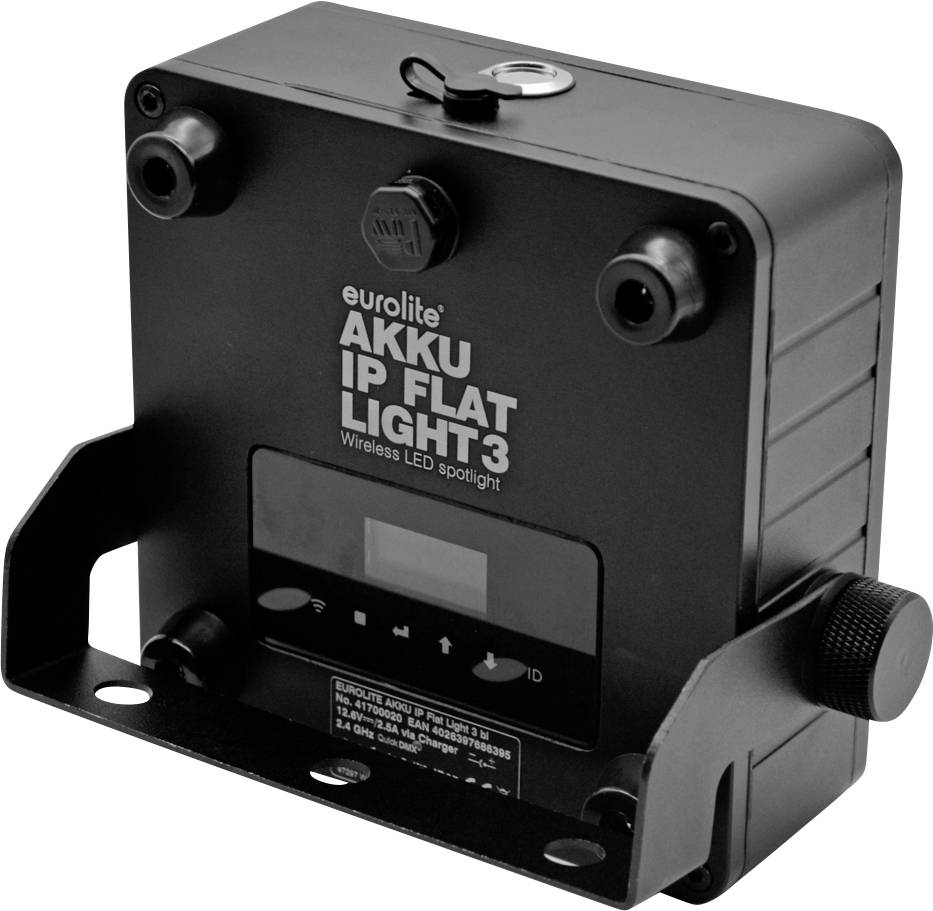 Ein schwarzes, tragbares LED-Licht von Eurolite, Modell 'AKKU IP FLAT LIGHT 3', mit zwei Befestigungspunkten und Steuerungstasten.