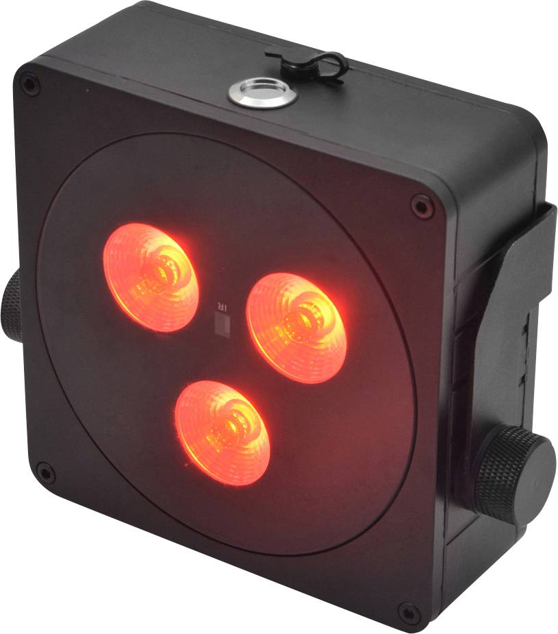 Schwarzes LED-Lichtpanel mit drei leuchtenden roten Lichtern, geeignet für Bühnenbeleuchtung und Events.