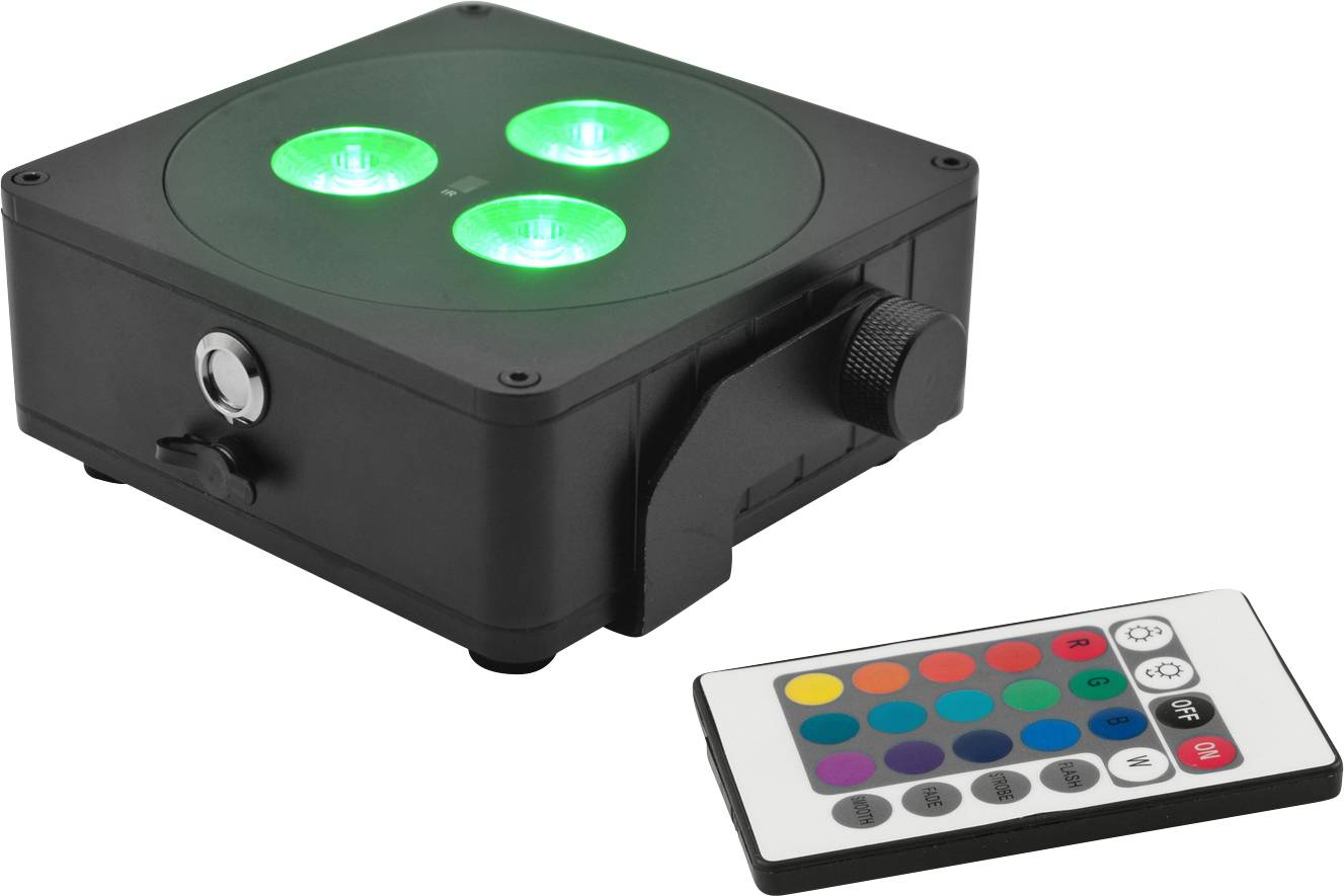 Ein LED-Lichtgerät mit drei leuchtenden grünen LEDs und einer Fernbedienung mit farbigen Tasten, zur Steuerung der Lichteinstellungen.