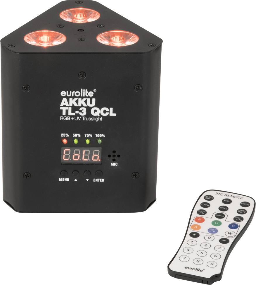 Schwarzes Dreieck-LED-Lichtgerät mit Fernbedienung. Gerät zeigt Prozentzahlen 25 bis 100 und hat ein digitales Display.