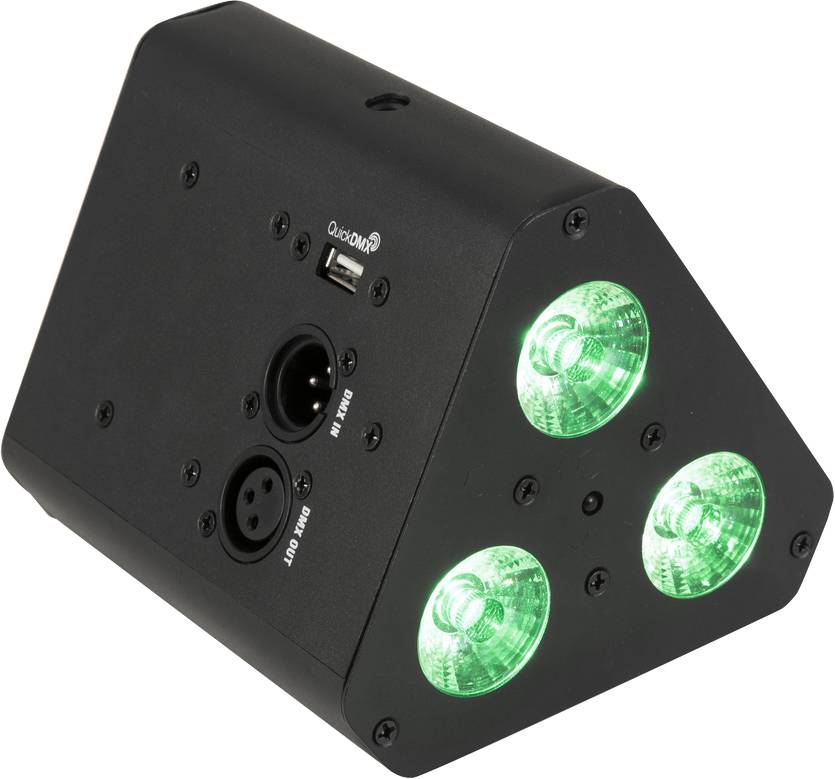 Schwarzes dreieckiges LED-Lichtgerät mit drei leuchtenden grünen LEDs und Anschlüssen an der Seite.