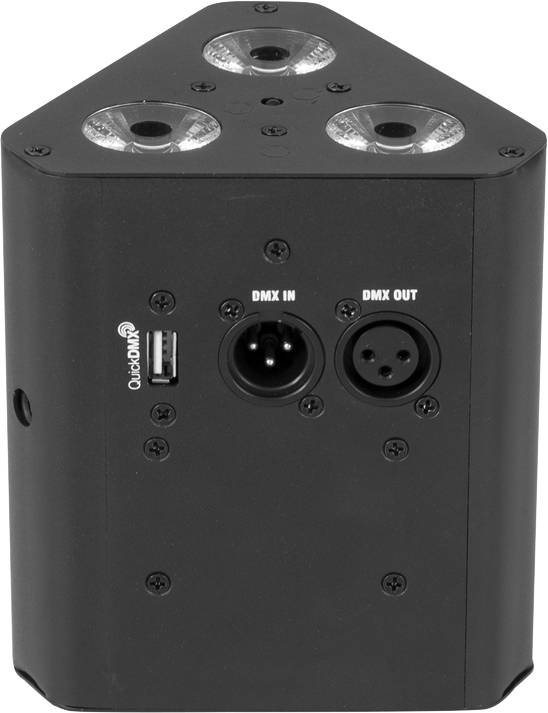 Schwarzer, dreieckiger LED-Scheinwerfer mit DMX-Eingang/-Ausgang und USB-Anschluss, geeignet für Bühnenbeleuchtung.