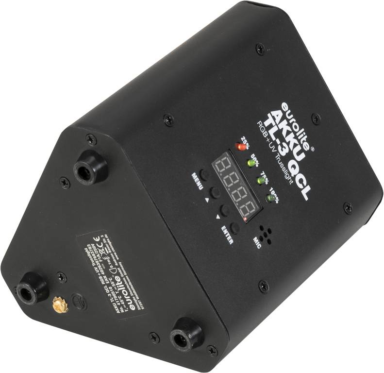 Schwarzer LED-Lichteffektprojektor 'Eurolite AKKU TL-3 QCL' mit digitaler Anzeige und Steuerungstasten auf der Vorderseite.