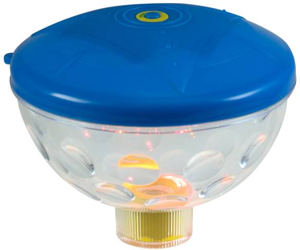 Leuchtendes, rundes Poollicht mit blauem Deckel und transparentem Gehäuse, zeigt bunte Lichtmuster, geeignet für Pooldekoration.