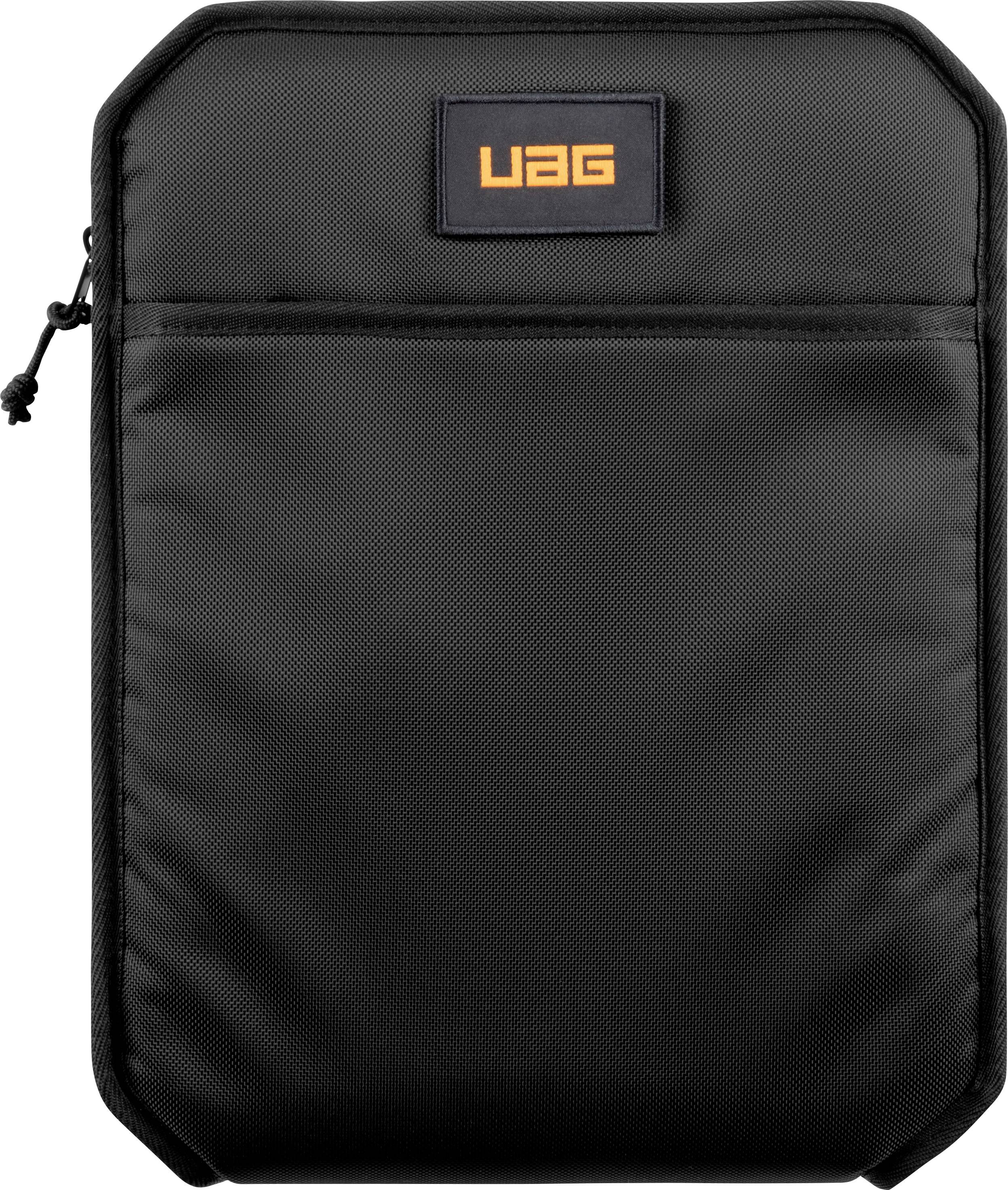 Eine schwarze UAG-Schutztasche mit Reißverschluss, geeignet für Laptops oder Tablets, bietet Schutz und robustes Design.