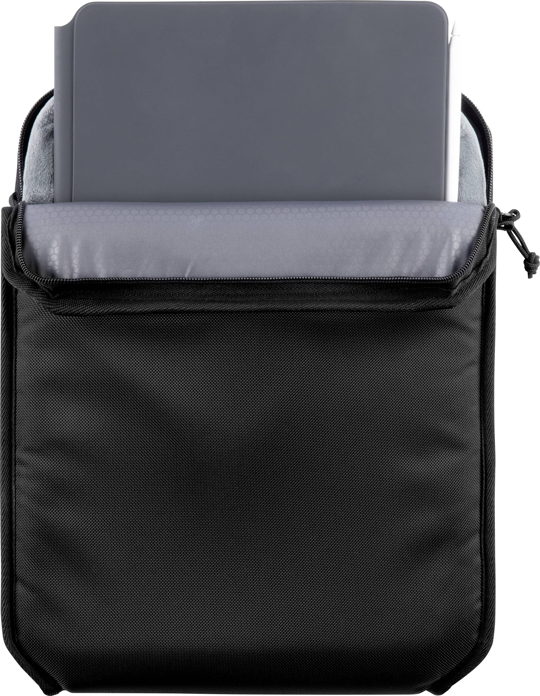 Eine schwarze Schutzhülle mit Reißverschluss, leicht geöffnet, enthält ein graues Tablet oder einen Laptop.