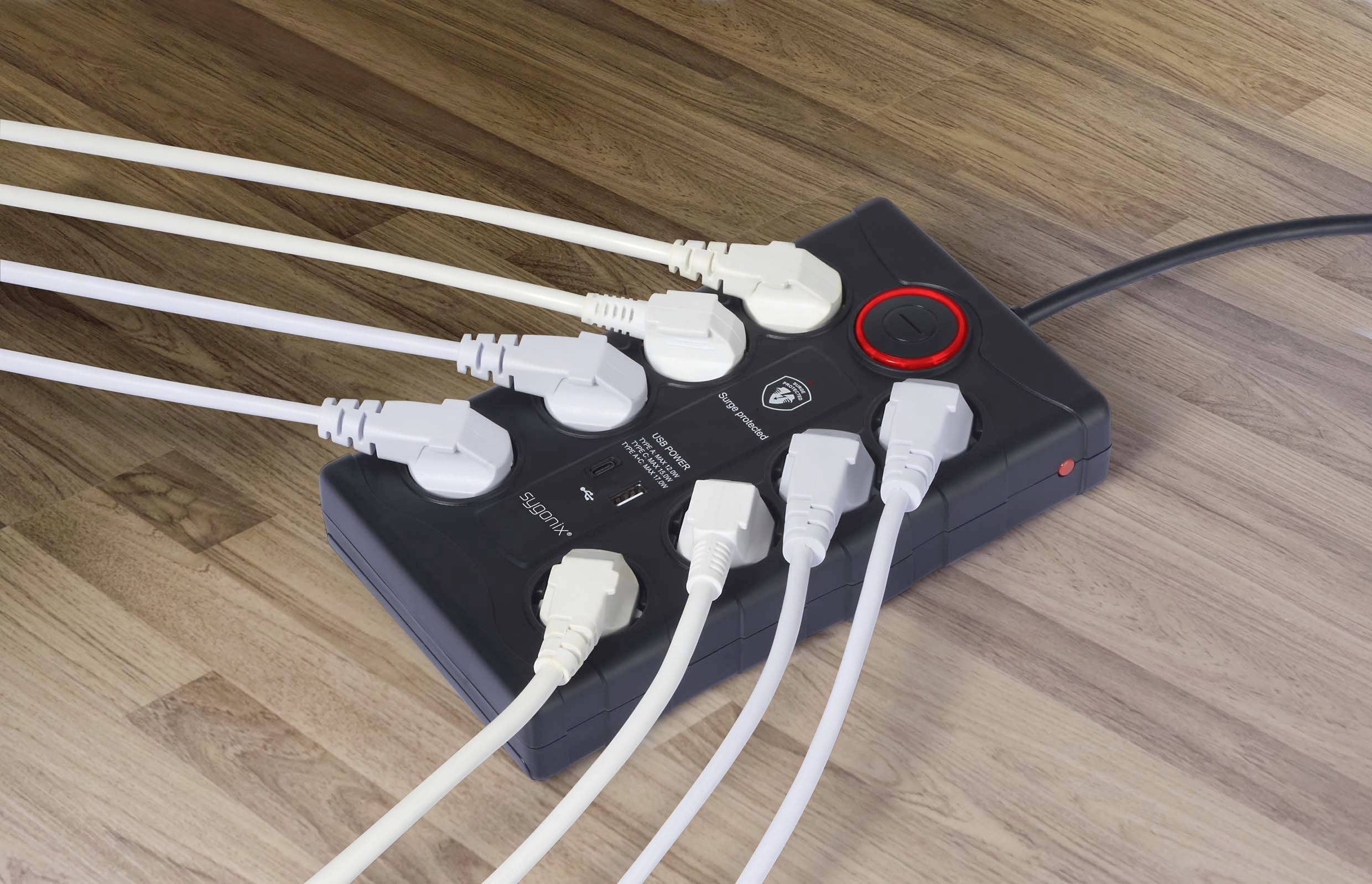 Sygonix SY-4751202 Überspannungsschutz-Steckdosenleiste 8fach Schwarz Schutzkontakt 1St.