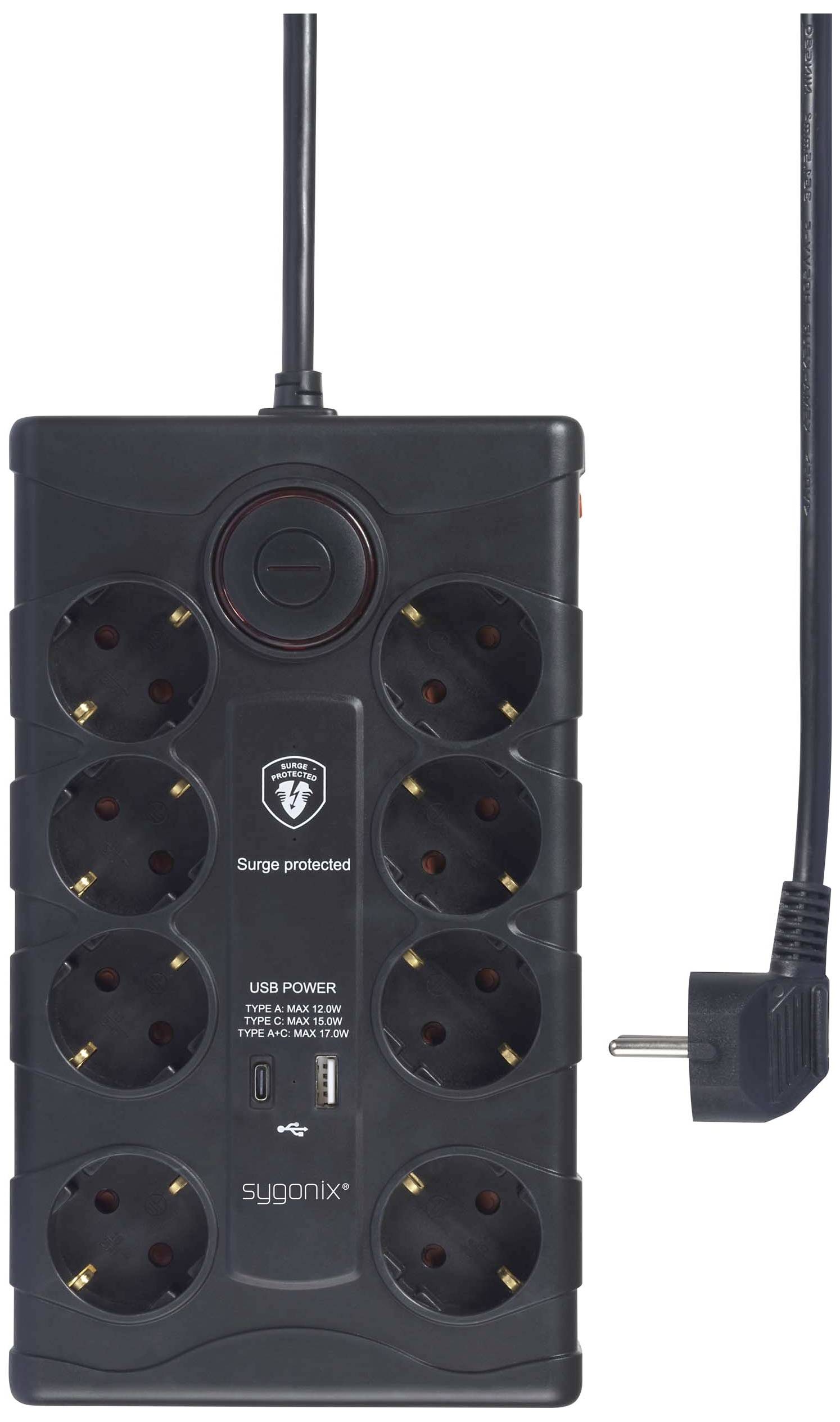 Sygonix SY-4751202 Überspannungsschutz-Steckdosenleiste 8fach Schwarz Schutzkontakt 1St.