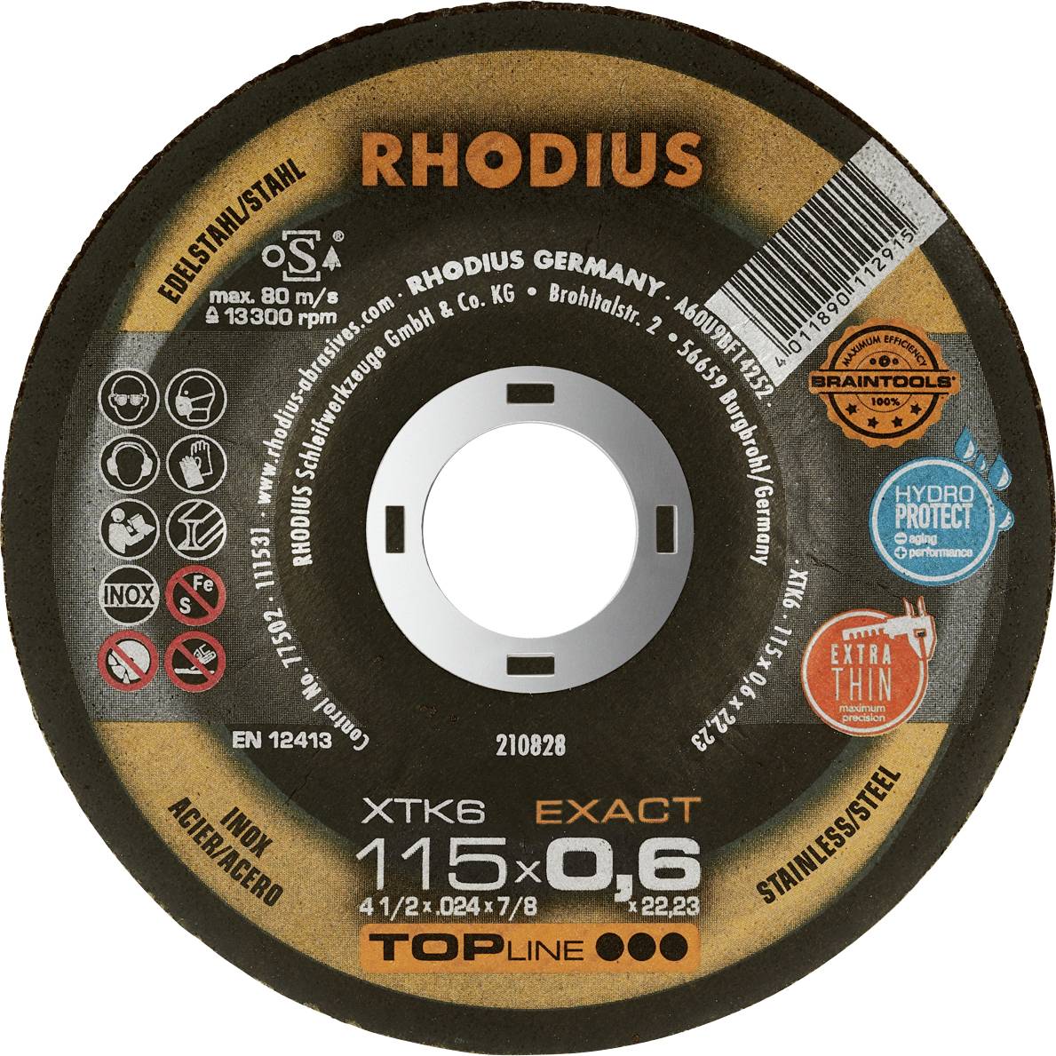 Schleifscheibe 'RHODIUS' 115 x 0,6 mm, max. 13300 U/min, für Edelstahl. Enthält Sicherheits- und Produktinformationen.