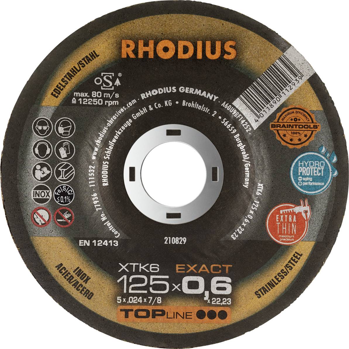 Schleifscheibe von Rhodius mit 125x0,6 mm Größe, geeignet für Edelstahl. Zertifizierungen und Logos sichtbar, u.a. 'Topline'.