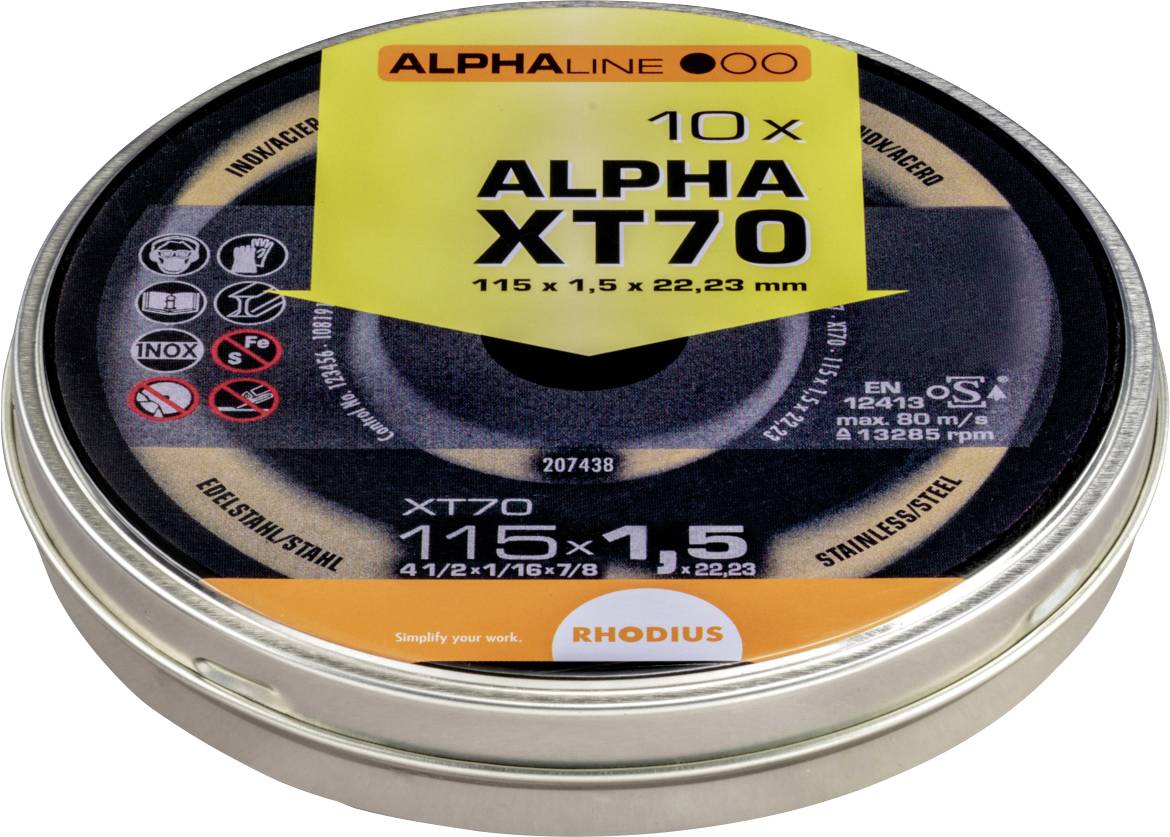 'RHODIUS Alpha XT70' Trennscheiben-Verpackung für Metallbearbeitung, enthält 10 Scheiben, 115 mm Durchmesser, 1,5 mm Dicke, geeignet für Edelstahl.