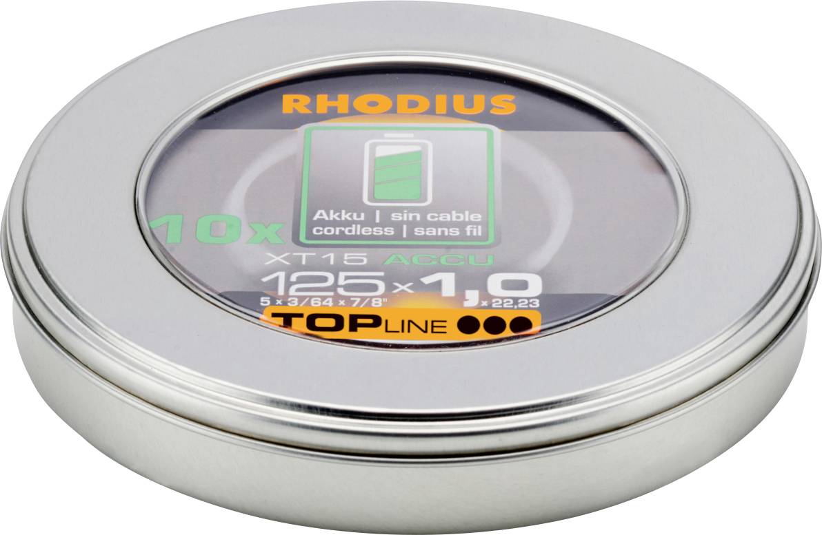 Runde Metallverpackung mit transparentem Deckel; enthält 10 Schleifscheiben der Marke Rhodius, Modell XT15 mit Akku-Symbol.