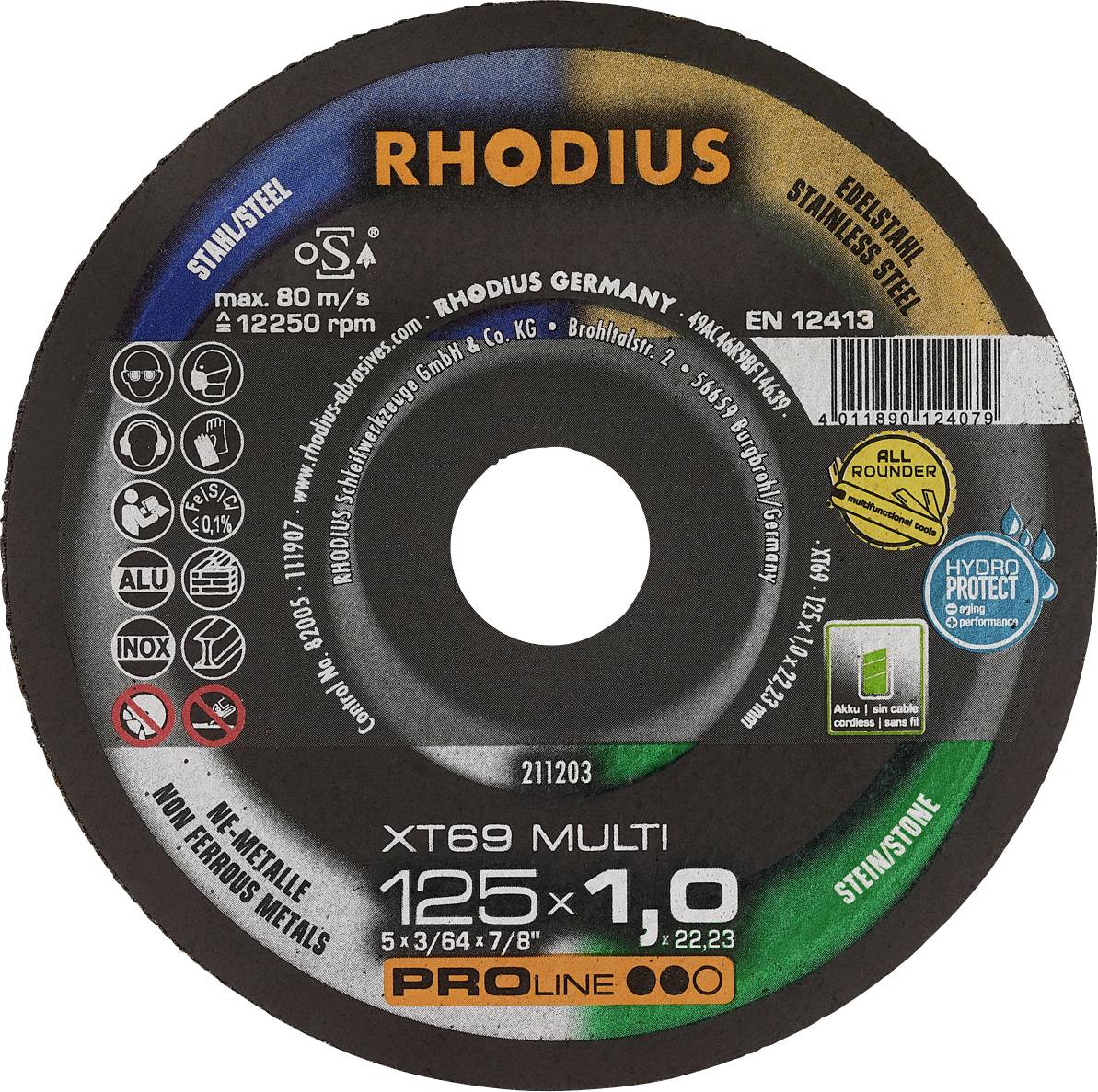 Schleifscheibe für Edelstahl von Rhodius, 125 mm Durchmesser, 1,0 mm Dicke, mit Label für maximale Umdrehungen, geeignet für Metall.