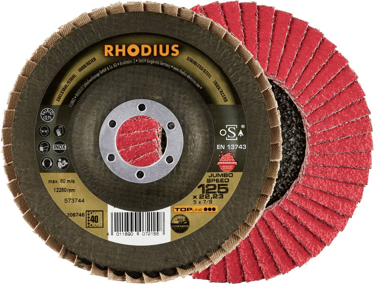 Schleifscheibe mit roten, fächerförmigen Lamellen und zentraler Metallaufnahme. Text auf Vorderseite: 'RHODIUS', '125mm', 'max. 80 m/s'.