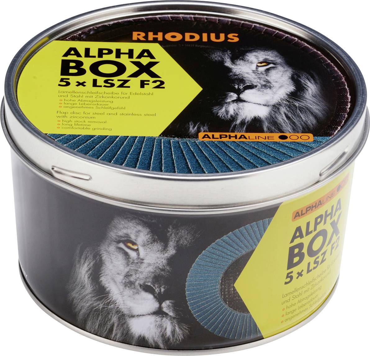 Runde Metalldose mit der Aufschrift 'RHODIUS ALPHA BOX 5 x LSZ F2'. Abgebildet ist der Kopf eines Löwen und Schleifscheiben.