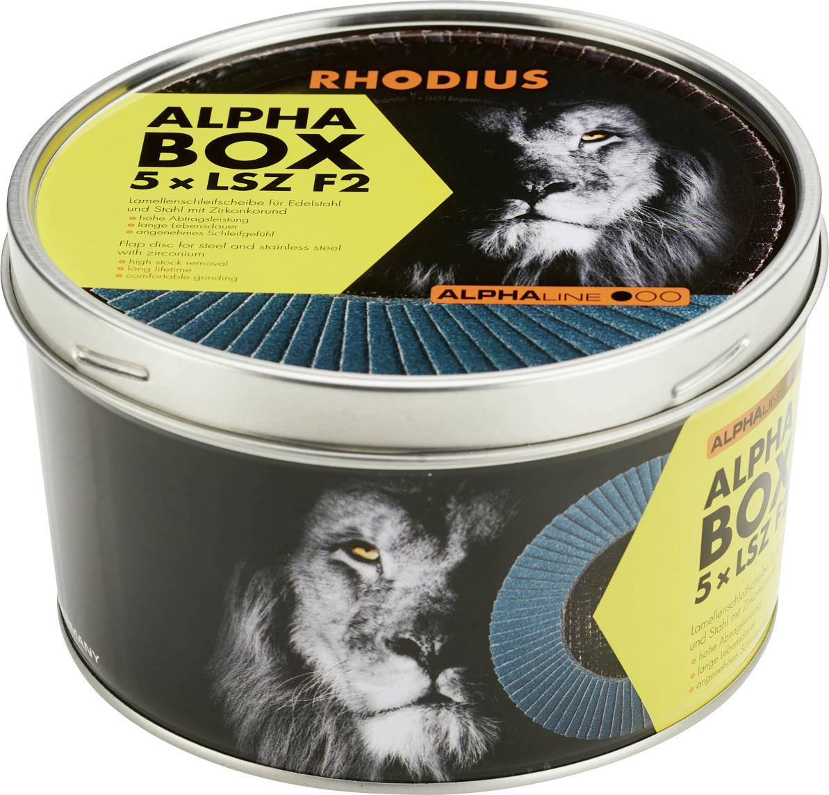 Dose mit Abbildung eines Löwen, beschriftet mit 'RHODIUS ALPHA BOX 5x LSZ F2'. Enthält Trenn- oder Schleifscheiben für Metallbearbeitung.
